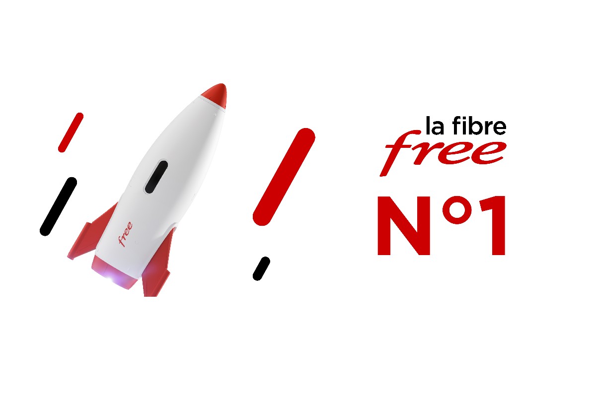 Fusée rouge sur fond blanc et logo de Free et Fibre n°1