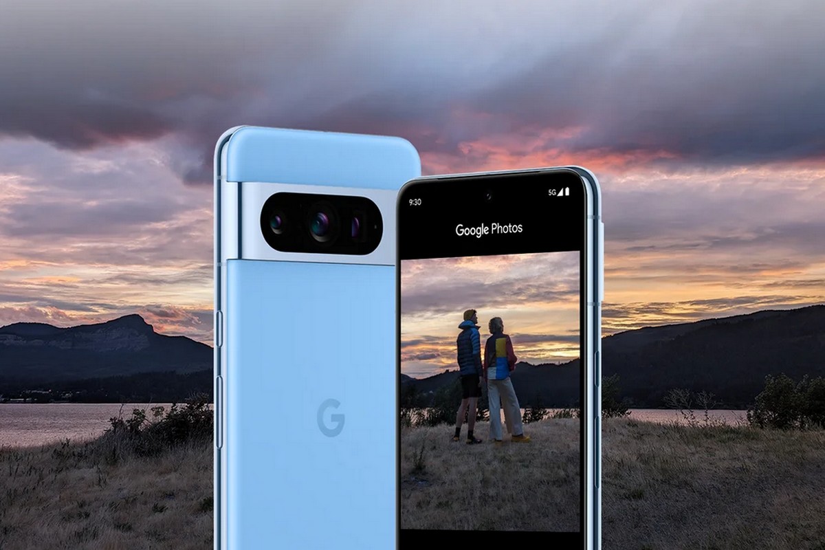 Google Pixel 8 Pro sur fond de paysage et coucher de soleil, car 700€ de remise chez
